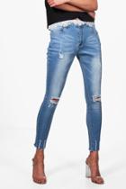 Boohoo Zoe Low Rise Destroyed Hem Skinny Jeans Blue