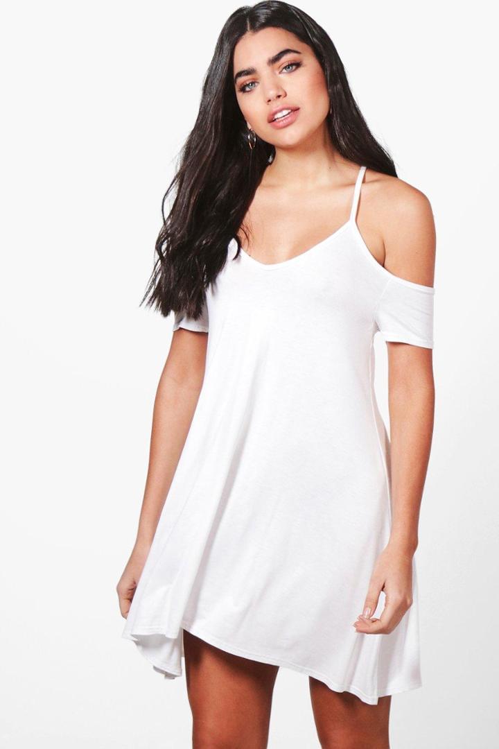 Boohoo Keira Strappy V Neck Swing Dress White