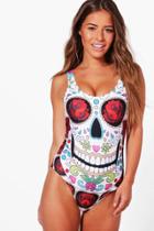 Boohoo Petite Roxy Skull + Rose Print Bathing Suit Multi