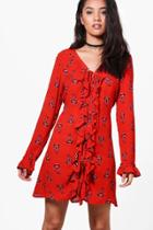Boohoo Petite Tiffany Frill Detail Floral Swing Dress Red