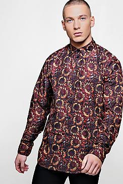 Boohoo Autumnal Leaf Print Long Sleeve Satin Shirt