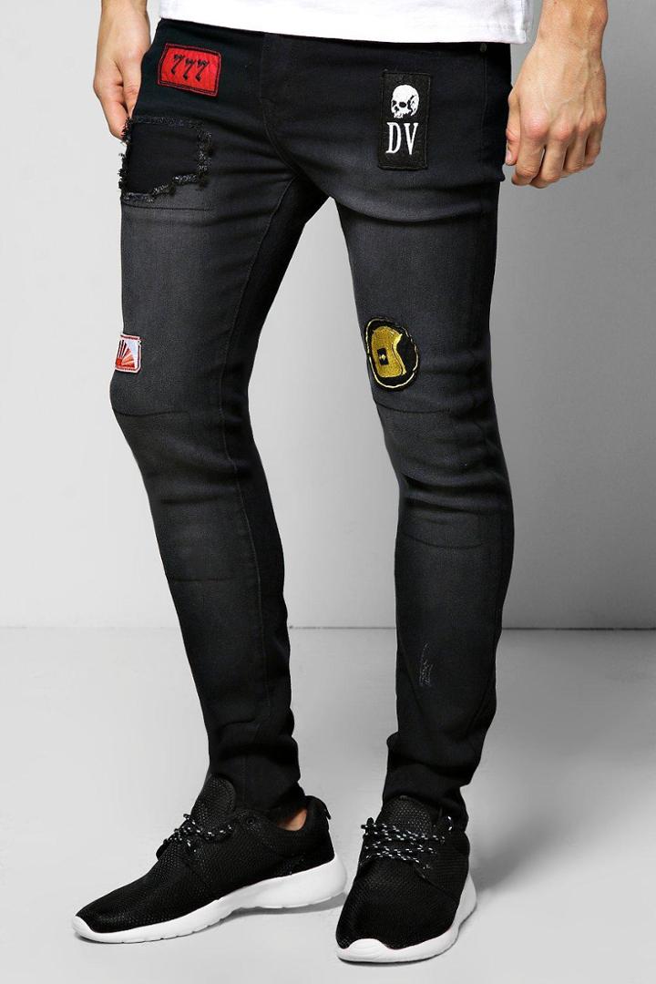 Boohoo Super Skinny Badged Jeans Black