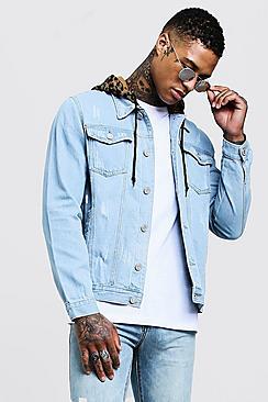 Boohoo Denim Jacket With Leopard Jersey Hood