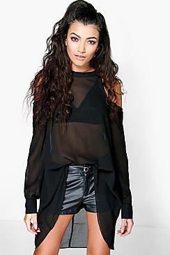 Boohoo Isabelle High Neck Cut Out Shoulder Blouse