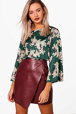 Boohoo Bird Oriental Print Wide Sleeve Top