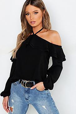 Boohoo Ruffle Cold Shoulder Woven Top