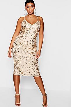 Boohoo Plus Sequin + Mesh Plunge Midi Dress