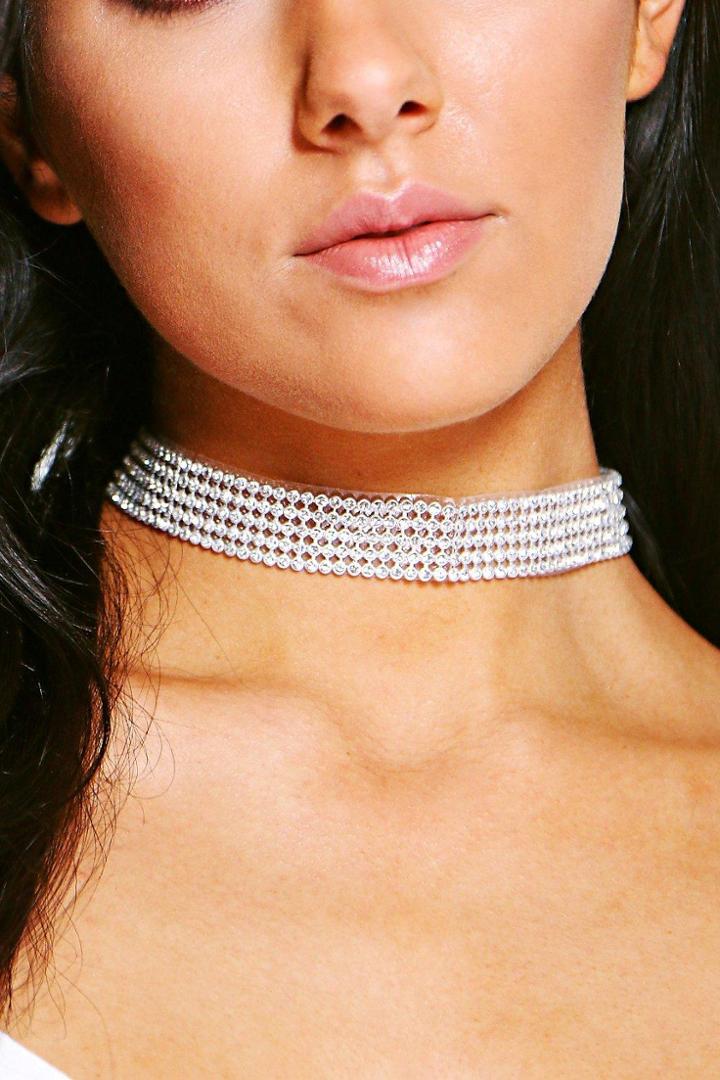 Boohoo Thin Diamante Bling Choker Silver
