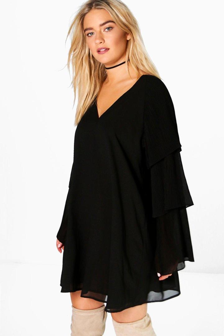 Boohoo Orla Mini Pleated Frill Detail Shift Dress Black