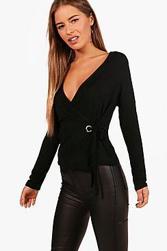 Boohoo Petite Lara Wrap O Ring Detail Top