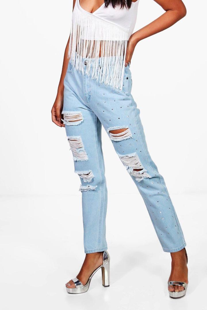 Boohoo Sophie Distressed Studded Mom Jeans Blue