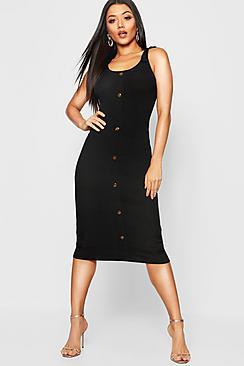 Boohoo Tie Shoulder Rib Mock Horn Button Midi Dress