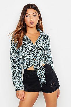 Boohoo Woven Leopard Print Tie Front Shirt