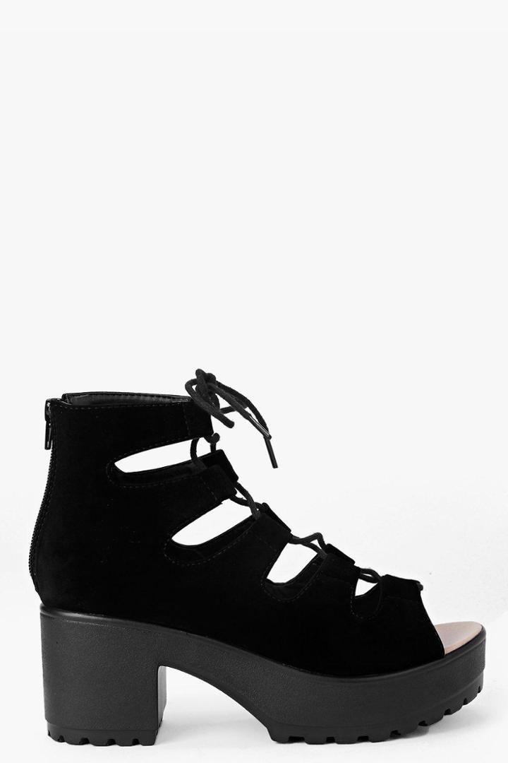 Boohoo Heidi Cleated Peeptoe Lace Up Sandal Black
