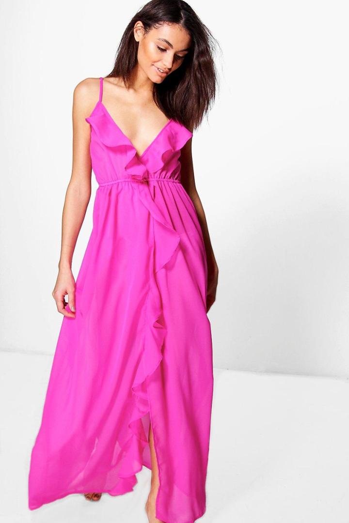 Boohoo Holly Ruffle Split Maxi Beach Dress Raspberry