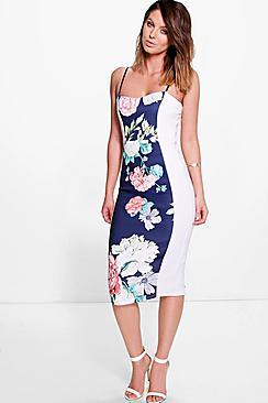 Boohoo Tina Strappy Printed Panel Detail Midi Dress