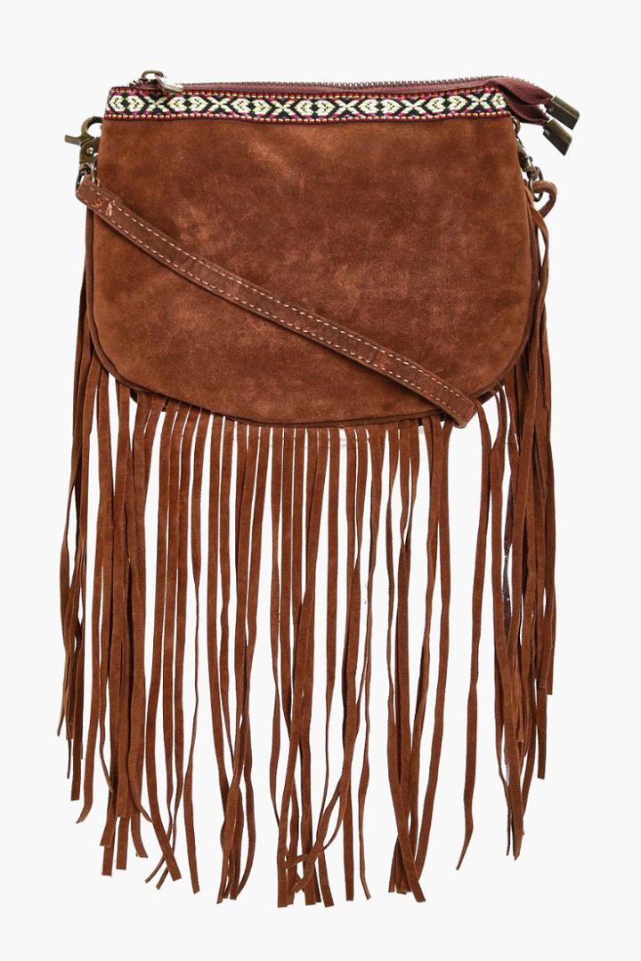 Boohoo Lianne Aztec Trim Fringe Cross Body Tan