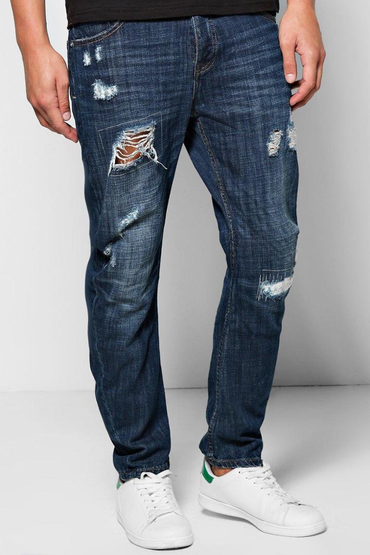 Boohoo Relaxed Curved Rip And Repair Distressed Jeans Blue