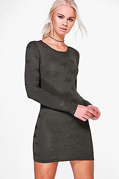 Boohoo Amina Textured Pattern Long Sleeve Dress
