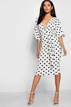 Boohoo Petite Polka Dot Tie Waist Plunge Midi Dress