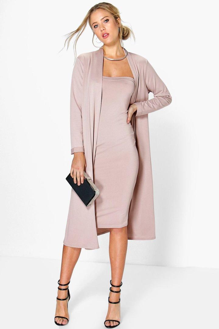 Boohoo Casandra Bandeau Dress & Duster Co-ord Set Stone