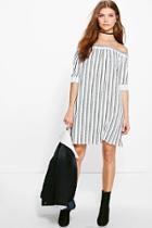 Boohoo Tall Lexie Striped Off The Shoulder Dress White