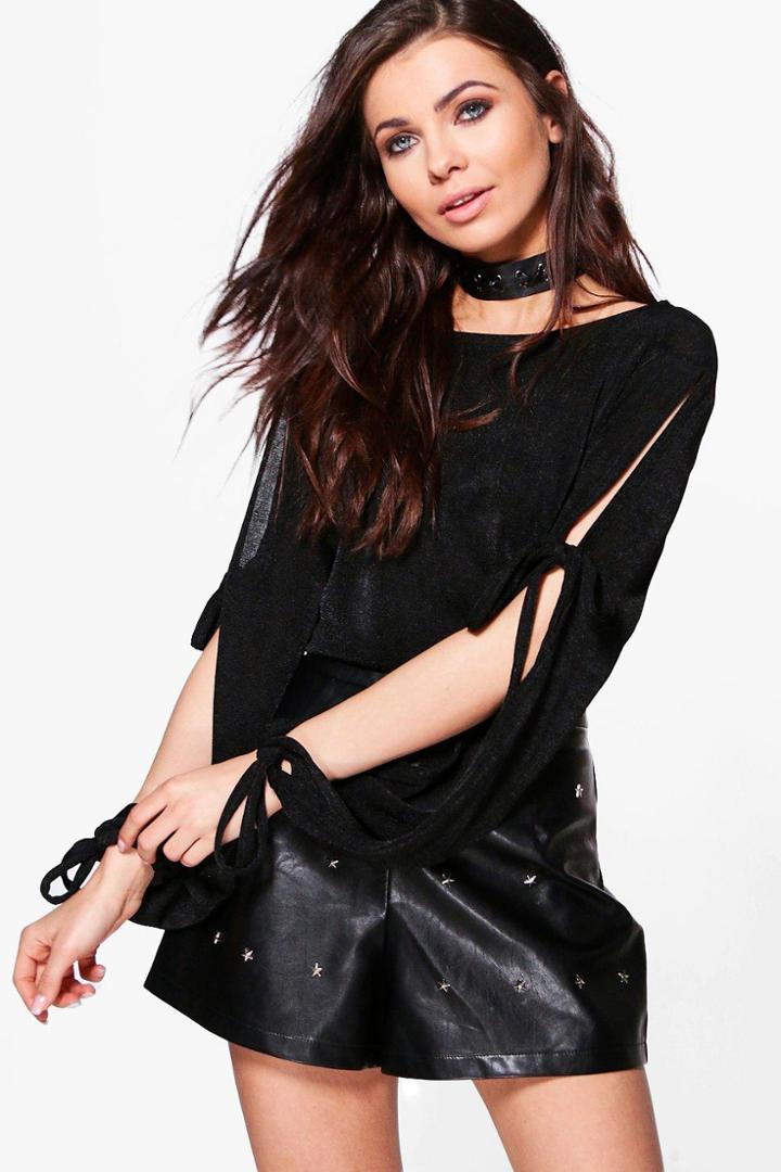 Boohoo Maddison Premium Fabric Tie Sleeve Top Black