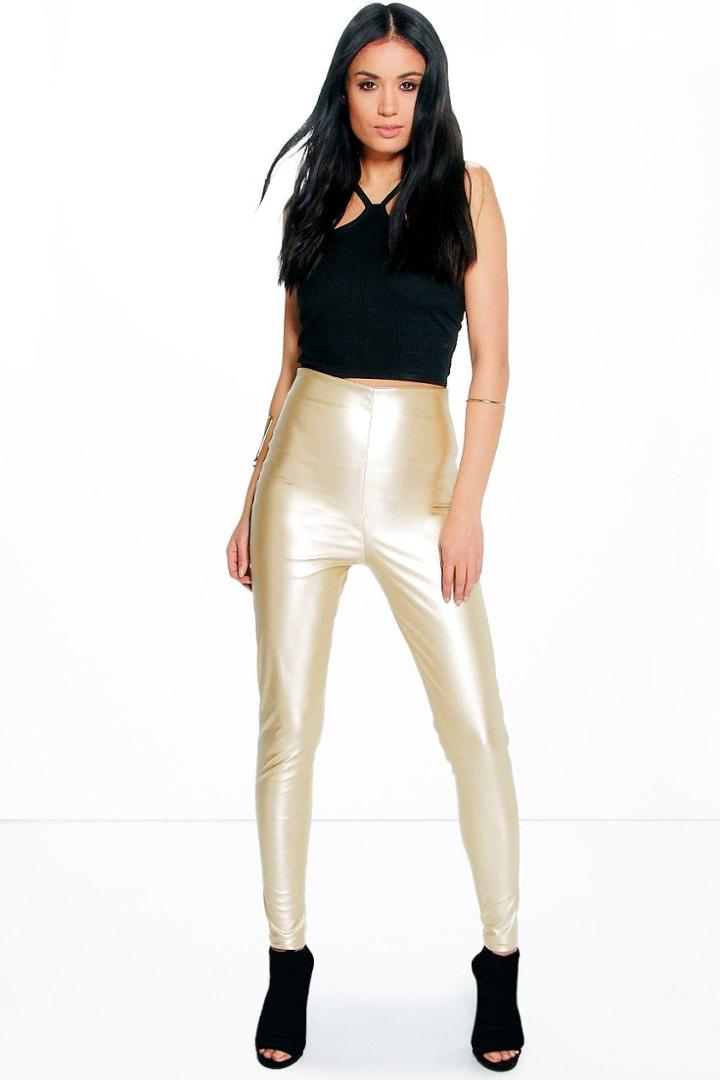Boohoo Maya Skinny Side Zip Leather Look Trousers Gold