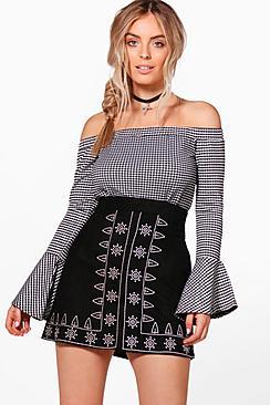 Boohoo Embroidered Front A Line Suedette Mini Skirt