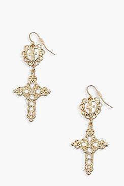 Boohoo Heart & Cross Drop Statement Earrings