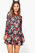 Boohoo Petite Hannah Skull + Rose Halloween Swing Dress