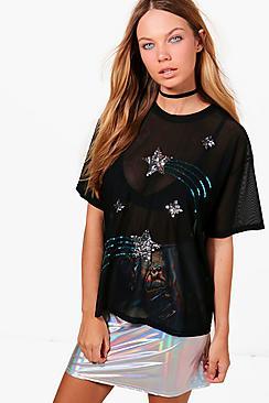 Boohoo Bryony Oversized Star Sequin Mesh Tee