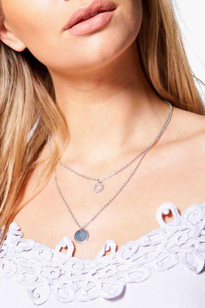 Boohoo Zoe Circle Diamante Layered Necklace Silver