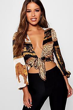 Boohoo Petite Scarf Print Tie Front Crop Blouse
