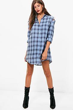 Boohoo Maria Cold Shoulder O Ring Check Shirt Dress