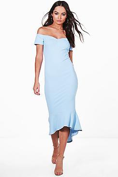 Boohoo Elsie Off The Shoulder Frill Hem Midi Dress