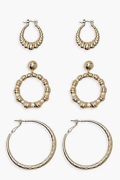 Boohoo 3 Pack Textured Oval Hoop Earrings