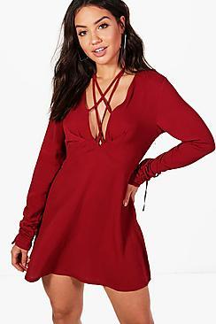 Boohoo Liz Rouched Sleeve Cross Strap Front Skater Dress