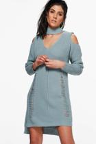 Boohoo Beth Choker Distressed Cold Shoulder Jumper Dress Blue