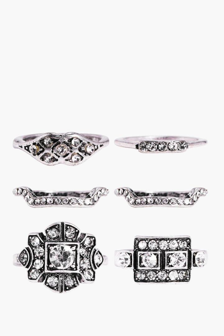 Boohoo India Mixed Design Boho 6 Piece Ring Set Silver