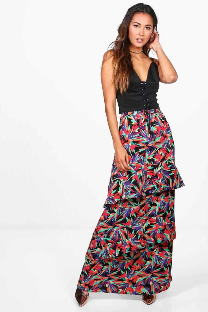 Boohoo Bali Palm Print Ruffle Detail Woven Maxi Skirt Tomato