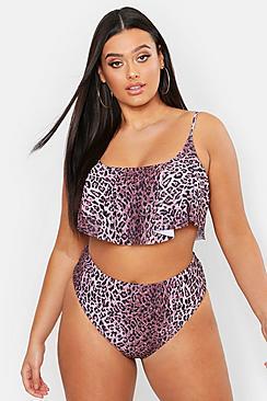 Boohoo Plus Leopard Frill High Waist Bikini