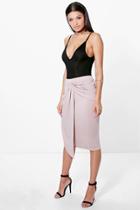 Boohoo Airlia Drape Side Panel Front Crepe Midi Skirt Sand
