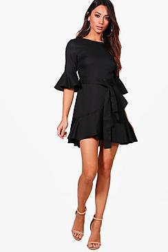 Boohoo Petite Laura Frill Sleeve Wrap Skater Dress