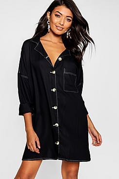 Boohoo Contrast Stitch Horn Button Shirt Dress