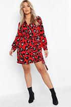 Boohoo Plus Leopard Tie Waist Shirt Dress