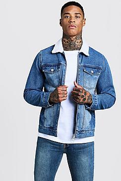 Boohoo Mid Blue Denim Jacket With Borg Collar