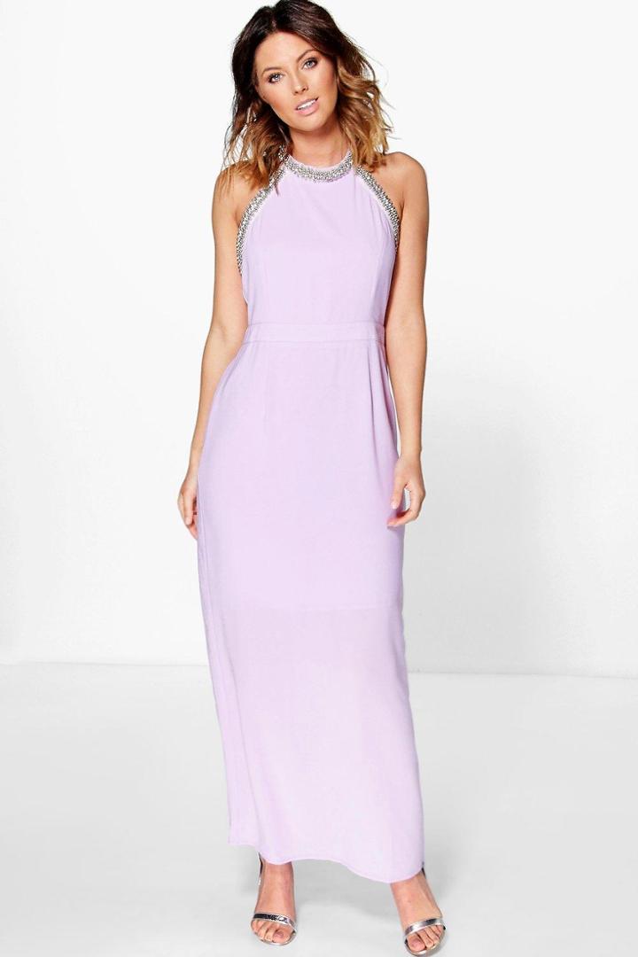 Boohoo Boutique Mei Embellished Halterneck Maxi Dress Violet