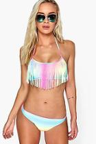 Boohoo Paris Fringed Rainbow Bandeau Bikini