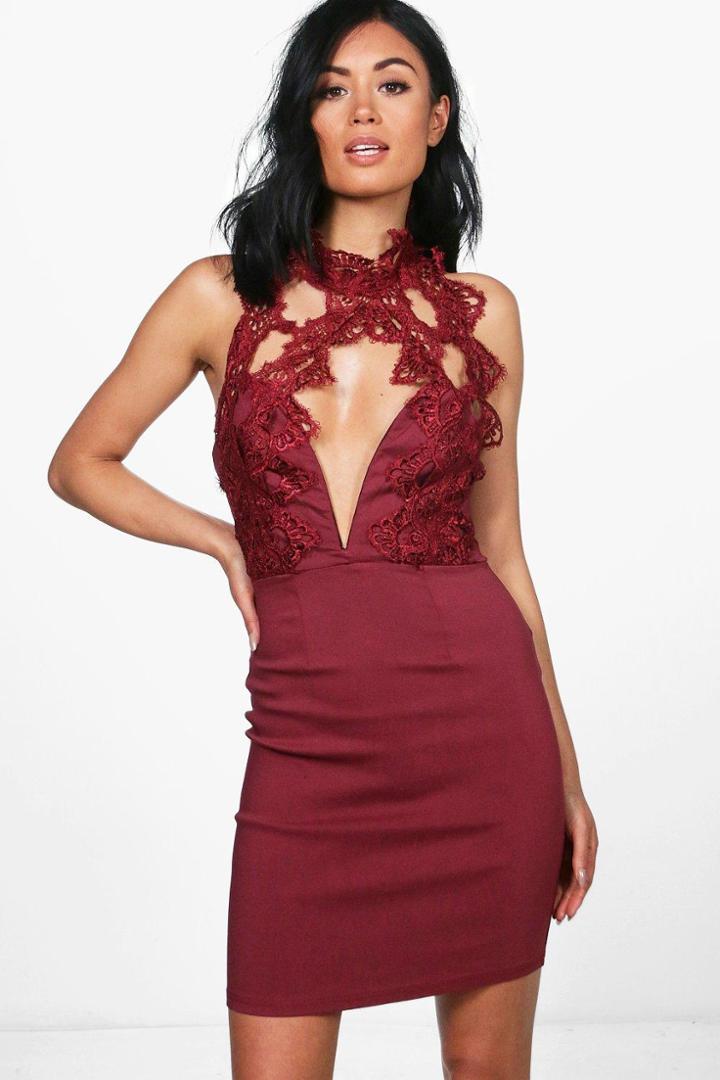 Boohoo Anna Lace Trim Halter Neck Dress Wine
